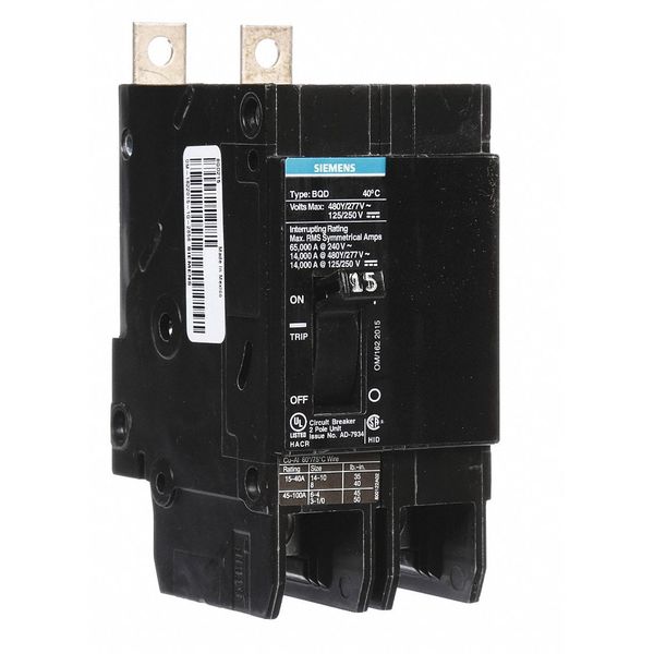 Miniature Circuit Breaker, 15 A, 480V AC, 2 Pole, Bolt On Mounting Style, BQD Series