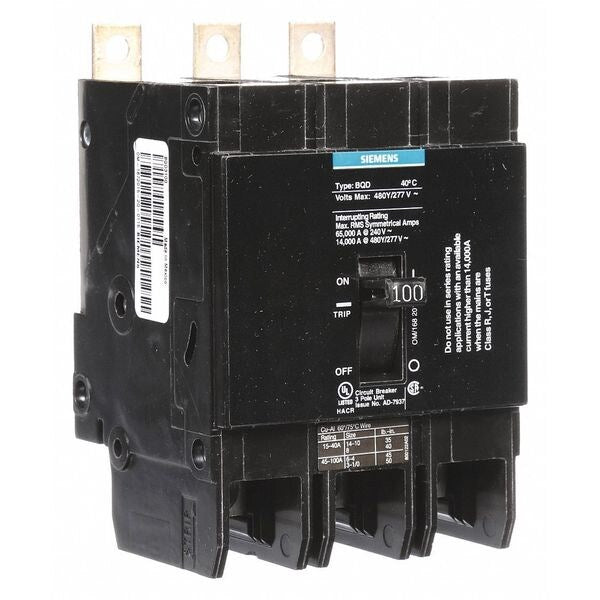 Miniature Circuit Breaker, 100 A, 480V AC, 3 Pole, Bolt On Mounting Style, BQD Series
