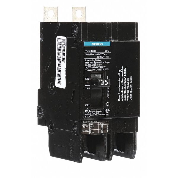 Miniature Circuit Breaker, 35 A, 480V AC, 2 Pole, Bolt On Mounting Style, BQD Series
