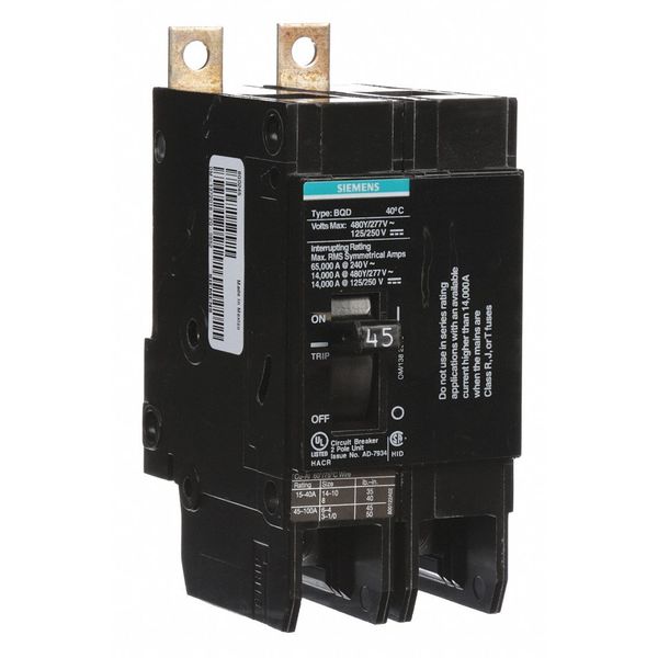 Miniature Circuit Breaker, 45 A, 480V AC, 2 Pole, Bolt On Mounting Style, BQD Series