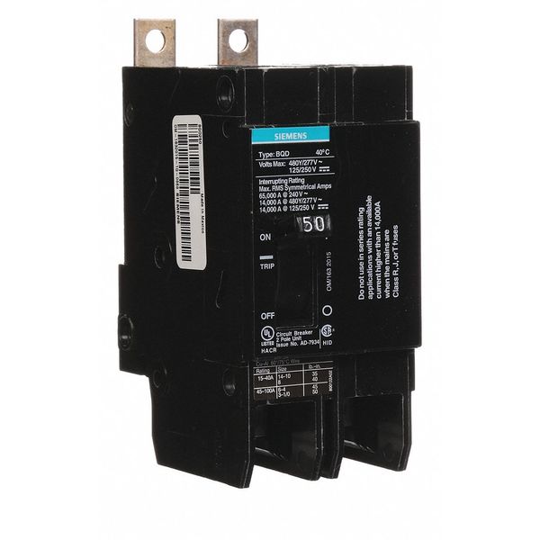 Miniature Circuit Breaker, 50 A, 480V AC, 2 Pole, Bolt On Mounting Style, BQD Series
