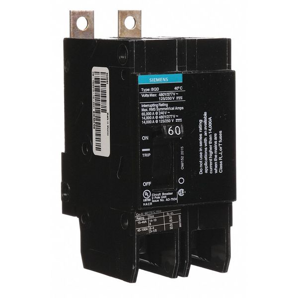 Miniature Circuit Breaker, 60 A, 480V AC, 2 Pole, Bolt On Mounting Style, BQD Series
