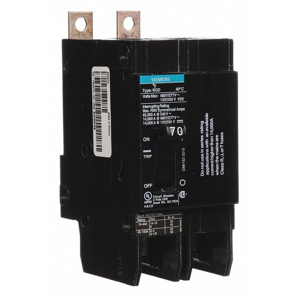 Miniature Circuit Breaker, 70 A, 480V AC, 2 Pole, Bolt On Mounting Style, BQD Series
