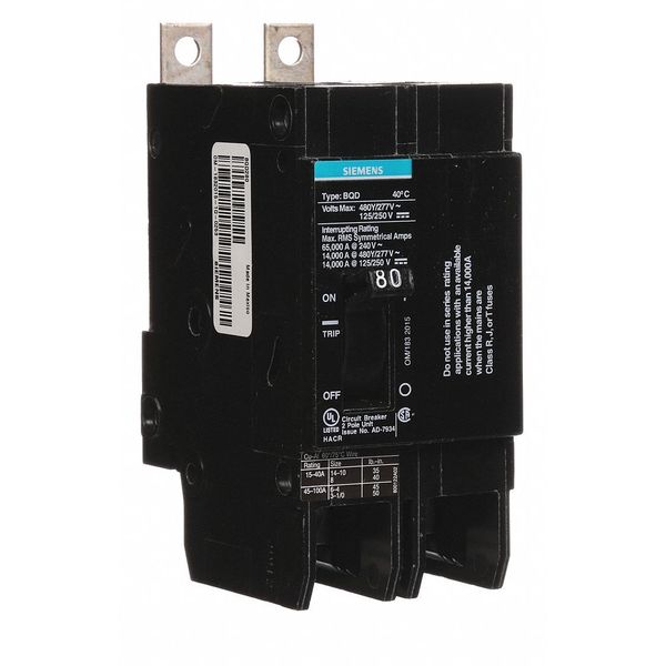 Miniature Circuit Breaker, 80 A, 480V AC, 2 Pole, Bolt On Mounting Style, BQD Series