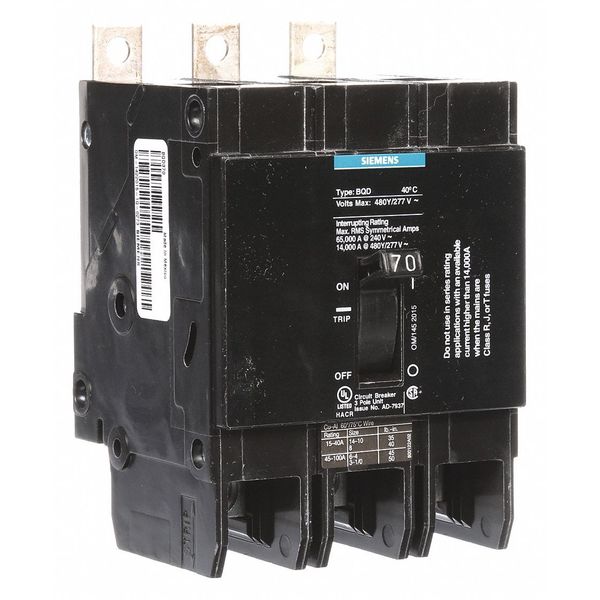Miniature Circuit Breaker, 70 A, 480V AC, 3 Pole, Bolt On Mounting Style, BQD Series
