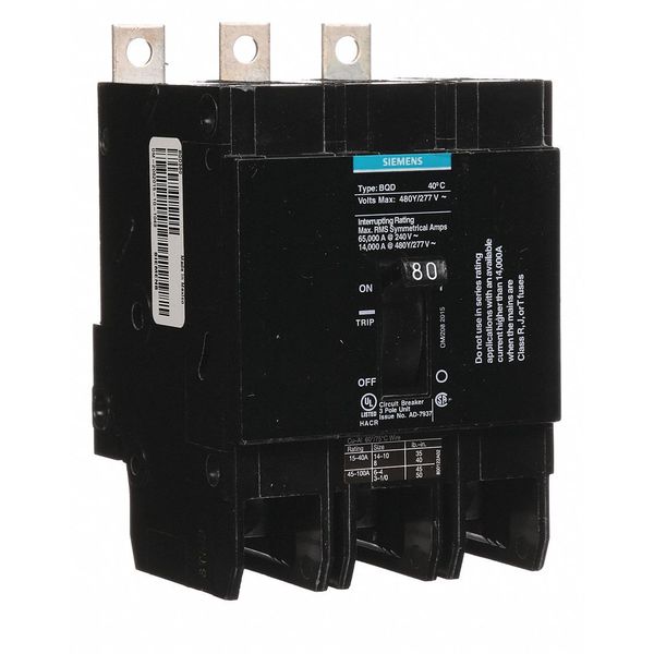 Miniature Circuit Breaker, 80 A, 480V AC, 3 Pole, Bolt On Mounting Style, BQD Series