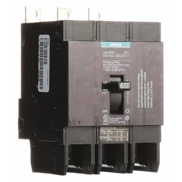 Miniature Circuit Breaker, 60 A, 480V AC, 3 Pole, Bolt On Mounting Style, BQD Series