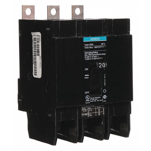 Miniature Circuit Breaker, 20 A, 480V AC, 3 Pole, Bolt On Mounting Style, BQD Series