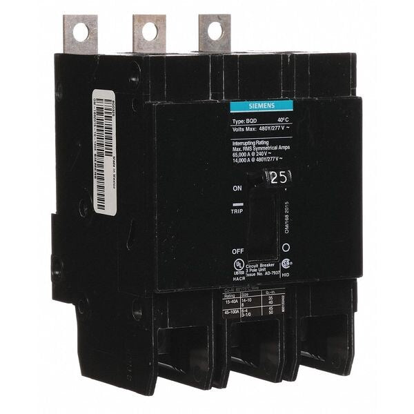 Miniature Circuit Breaker, 25 A, 480V AC, 3 Pole, Bolt On Mounting Style, BQD Series