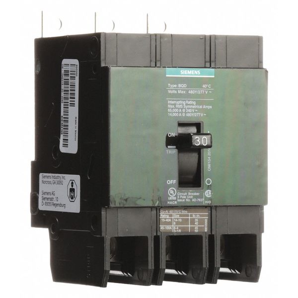 Miniature Circuit Breaker, 30 A, 480V AC, 3 Pole, Bolt On Mounting Style, BQD Series