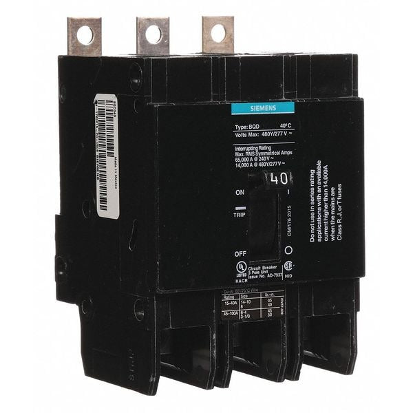 Miniature Circuit Breaker, 40 A, 480V AC, 3 Pole, Bolt On Mounting Style, BQD Series