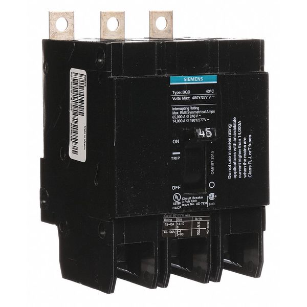 Miniature Circuit Breaker, 45 A, 480V AC, 3 Pole, Bolt On Mounting Style, BQD Series