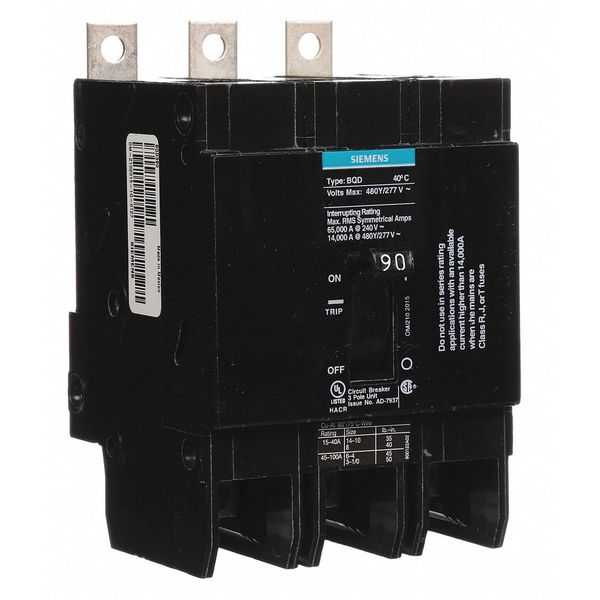 Miniature Circuit Breaker, 90 A, 480V AC, 3 Pole, Bolt On Mounting Style, BQD Series