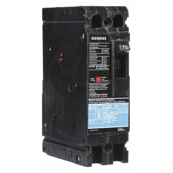 Molded Case Circuit Breaker, 70 A, 240V AC, 2 Pole, Lug In Panelboard Mounting Style, ED2 Series