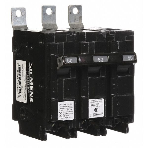 Miniature Circuit Breaker, 50 A, 240V AC, 3 Pole, Bolt On Mounting Style, BL Series