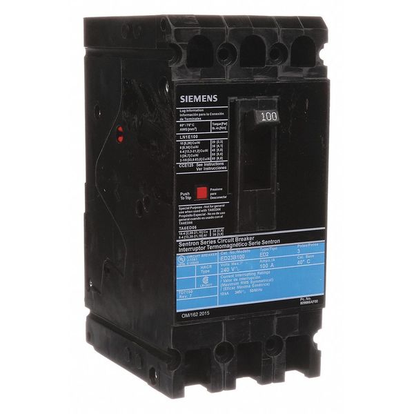 Molded Case Circuit Breaker, 100 A, 240V AC, 3 Pole, Lug In Panelboard Mounting Style, ED2 Series