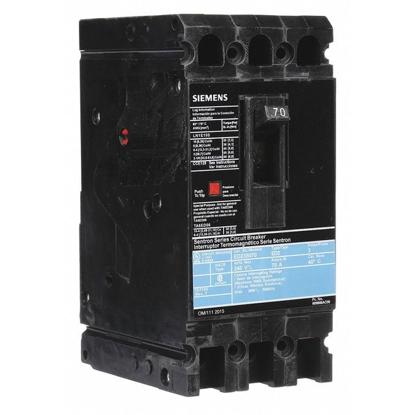 Molded Case Circuit Breaker, 70 A, 240V AC, 3 Pole, Lug In Panelboard Mounting Style, ED2 Series