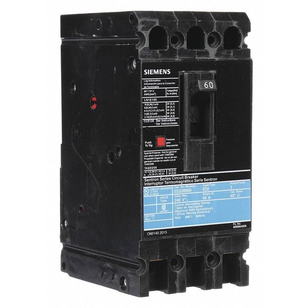 Molded Case Circuit Breaker, 60 A, 240V AC, 3 Pole, Lug In Panelboard Mounting Style, ED2 Series