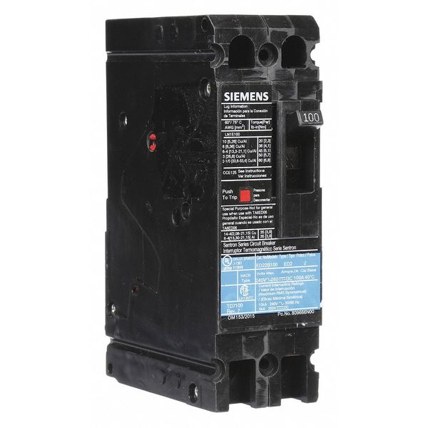 Molded Case Circuit Breaker, 100 A, 240V AC, 2 Pole, Lug In Panelboard Mounting Style, ED2 Series