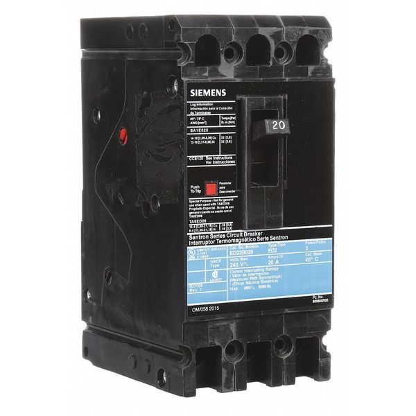 Molded Case Circuit Breaker, 20 A, 240V AC, 3 Pole, Lug In Panelboard Mounting Style, ED2 Series