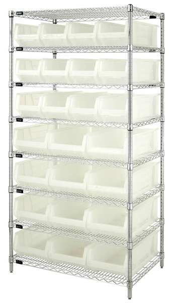 Steel, Polypropylene Bin Shelving, 36 in W x 74 in H x 24 in D, 8 Shelves, Clear