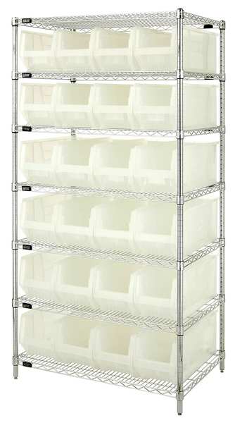 Steel, Polypropylene Bin Shelving, 36 in W x 74 in H x 24 in D, 7 Shelves, Clear