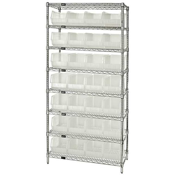 Steel, Polypropylene Bin Shelving, 36 in W x 74 in H x 24 in D, 8 Shelves, Clear