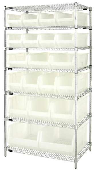 Steel, Polypropylene Bin Shelving, 36 in W x 74 in H x 24 in D, 7 Shelves, Clear