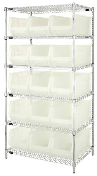 Steel, Polypropylene Bin Shelving, 36 in W x 74 in H x 24 in D, 6 Shelves, Clear