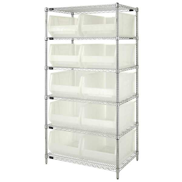 Steel, Polypropylene Bin Shelving, 36 in W x 74 in H x 24 in D, 6 Shelves, Clear