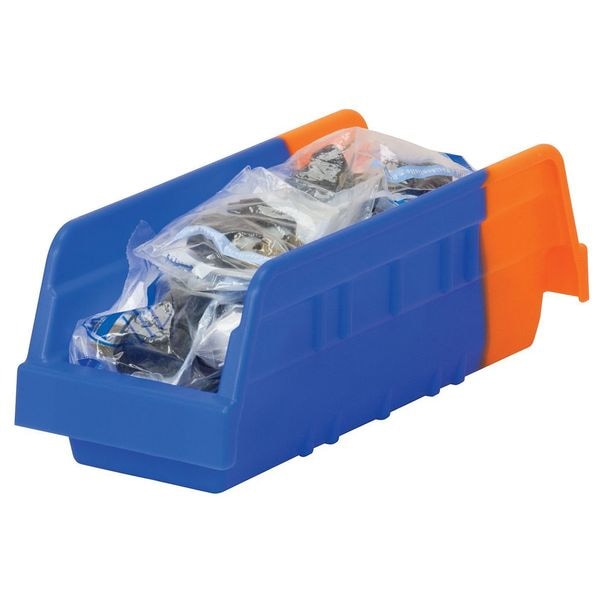 Shelf Storage Bin, Blue/Orange, Plastic, 11 5/8 in L x 4 1/8 in W x 4 in H, 10 lb Load Capacity