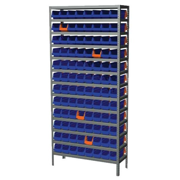 Steel Bin Shelving, 36 in W x 79 in H x 12 in D, 13 Shelves, Gray/Blue/Orange
