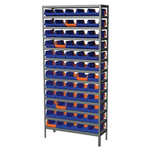 Steel Bin Shelving, 36 in W x 79 in H x 12 in D, 13 Shelves, Gray/Blue/Orange