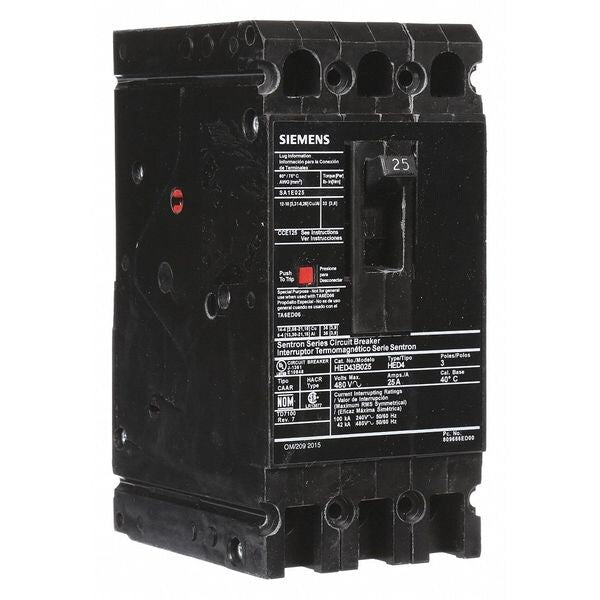 Molded Case Circuit Breaker, 25 A, 480V AC, 3 Pole, Lug In Panelboard Mounting Style, HED4 Series