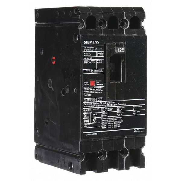 Molded Case Circuit Breaker, 125 A, 480V AC, 3 Pole, Lug In Panelboard Mounting Style, HED4 Series