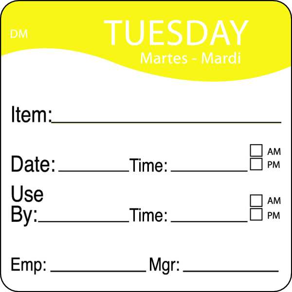Day Label, Tuesday, 2-5/9 In. W, PK250