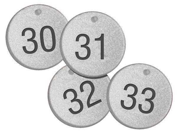 ID Tag, Numbered 26-50, 1-1/2 in, Circle, Metal-Lite, 25/PK