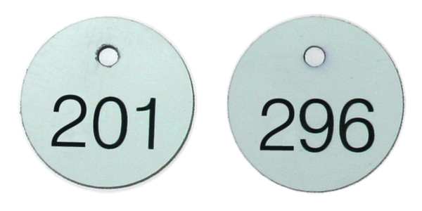 ID Tag, Numbered 201-300, 1-1/8 in, Circle, Black/White, 100/PK