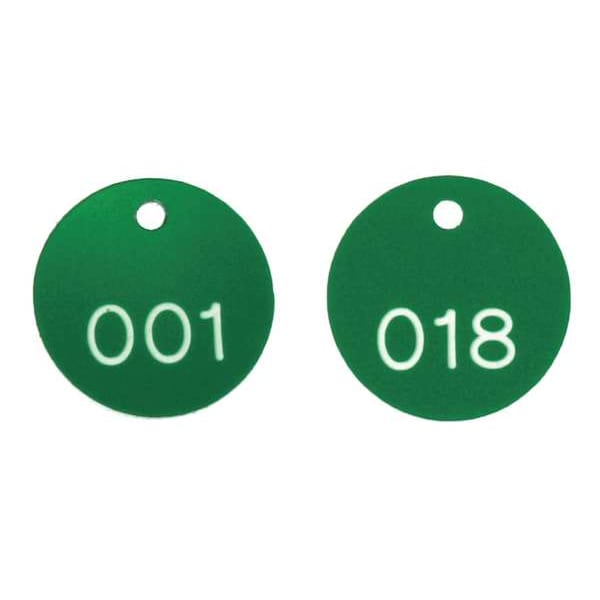 ID Tag, Numbered 001-100, 1-1/8 in, Circle, White/Green, 100/PK