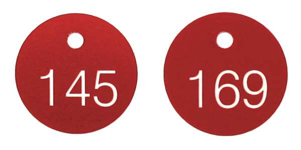 ID Tag, Numbered 101-200, 1-1/8 in, Circle, White/Red, 100/PK