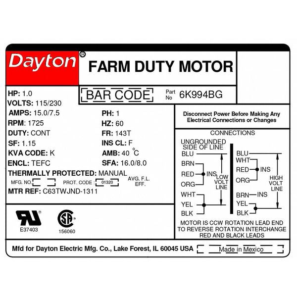 Extra High Torque Farm Duty Motor, Capacitor-Start, 1 HP, 115/230V AC, 1,725 Nameplate RPM