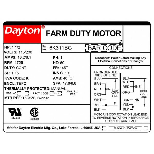High Torque Farm Duty Motor, Capacitor-Start/Run, 1 1/2 HP, 115/230V AC, 1,725 Nameplate RPM