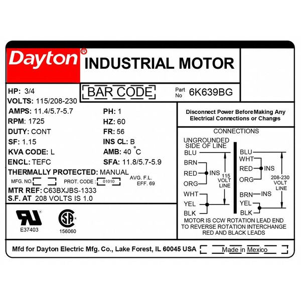 Capacitor-Start General Purpose Motor, 3/4 HP, 115/208-230V AC Voltage, 56 Frame