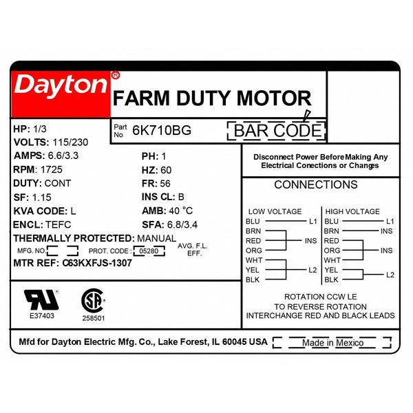 High Torque Farm Duty Motor, Capacitor-Start, 1/3 HP, 115/230V AC, 1,725 Nameplate RPM, 56 Frame