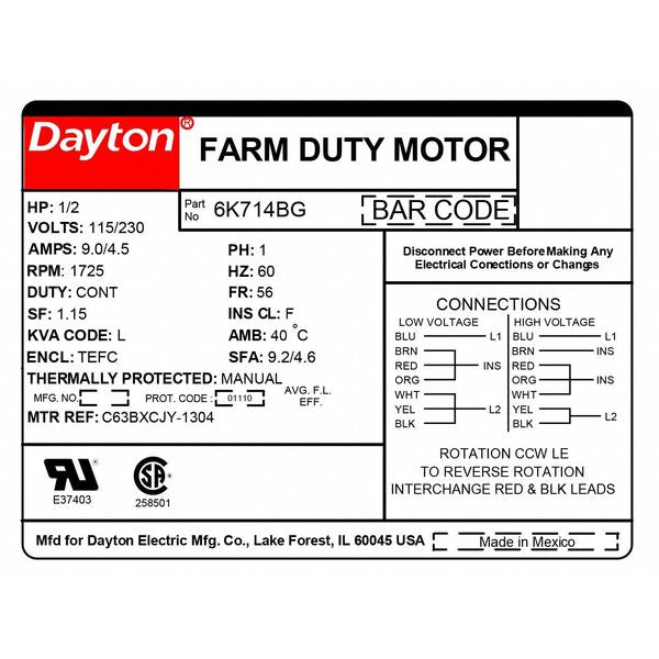 High Torque Farm Duty Motor, Capacitor-Start, 1/2 HP, 115/230V AC, 1,725 Nameplate RPM, 56 Frame