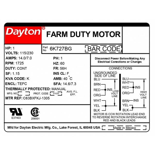 High Torque Farm Duty Motor, Capacitor-Start, 1 HP, 115/230V AC, 1,725 Nameplate RPM, 56H Frame