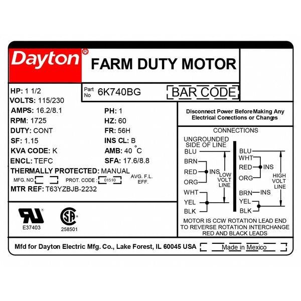 High Torque Farm Duty Motor, Capacitor-Start/Run, 1 1/2 HP, 115/230V AC, 1,725 Nameplate RPM