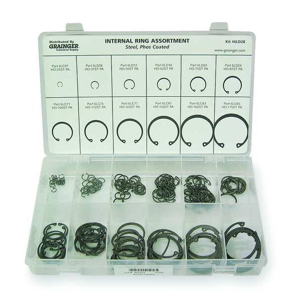 Internal Retaining Ring Assortment, Steel, Phosphate Finish, 180 Pieces, 12 Sizes