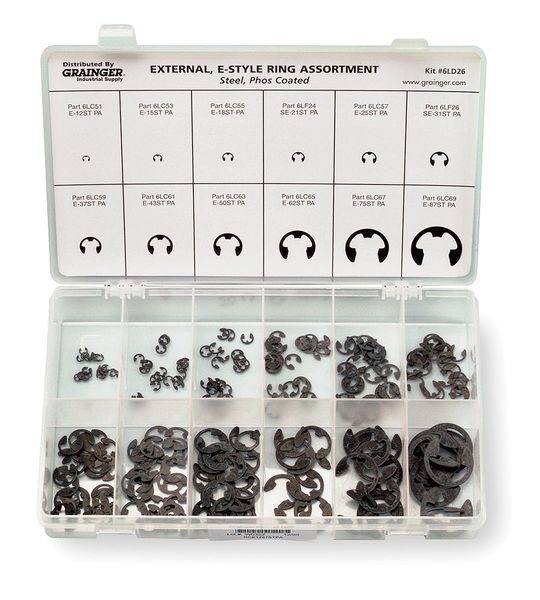 External Retaining Ring Assortment, Steel, Phosphate Finish, 255 Pieces