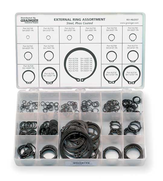 External Retaining Ring Assortment, Steel, Phosphate Finish, 21 Sizes